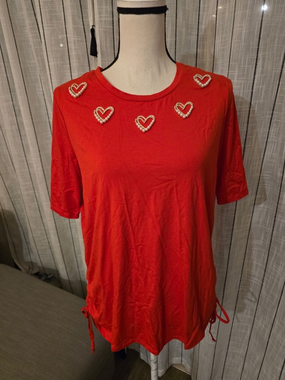 Pearl Heart Embellished Red Short Sleeve Tee